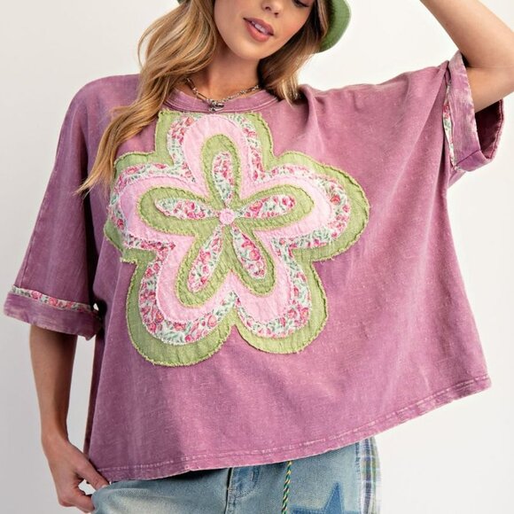E22 Easel Dusty Magenta Pink Flower Patch Washed 100% Cotton Slub Top Oversized - Picture 2 of 5